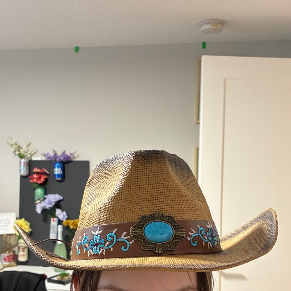 Embellished Straw Cowboy Hat with Turquoise Accent
